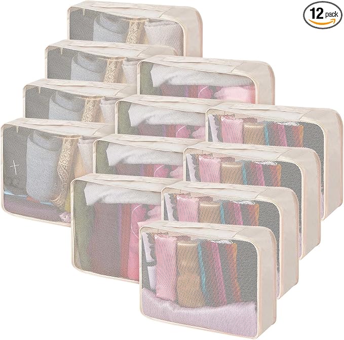 Silkfly 12 Pcs Packing Cubes for Suitcase Travel Luggage Bags Bulk Mesh Organizer Set for Hiking Camping Backpacking Clothes Accessories (Khaki) by Silkfly