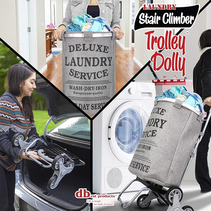dbest products Stair Climber Laundry Trolley Dolly, Grey Laundry Bag Hamper Basket cart with wheels sorter - Image 2