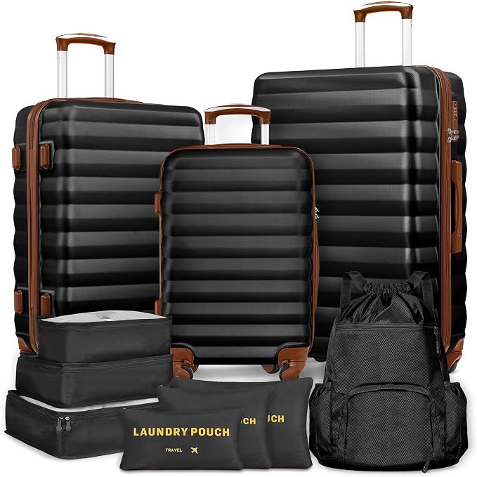 Suitour Luggage Sets 3 Piece Carry On Luggage with Spinner Wheels ABS Hard Case Travel Suitcase Set(20/24/28 inch) 6 PC Packing Bags & Drawstring Backpack by Suitour
