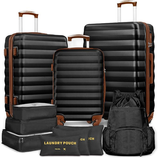 Suitour Luggage Sets 3 Piece Carry On Luggage with Spinner Wheels ABS Hard Case Travel Suitcase Set(20/24/28 inch) 6 PC Packing Bags & Drawstring Backpack by Suitour