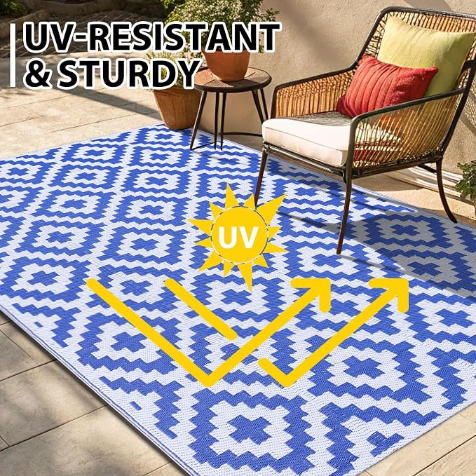 Smiry Waterproof Outdoor Rug 6x9 ft, Reversible Plastic Straw Patio Camping Rugs, Outdoor Indoor RV Mat Carpet for Patio, Outside Entry, Backyard, Deck, Bench, Picnic, Camper, White & Blue - Image 4