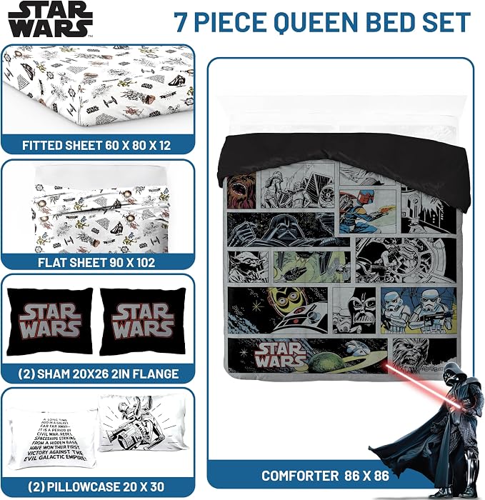 Star Wars Queen Comforter Set 7 Piece Soft Bedding for Boys, Multi | Darth Vader Yoda, Bed in a Bag, Comforter Sheets Shams Pillowcases, Soft Microfiber, Machine Washable, Boys Gift - Image 3