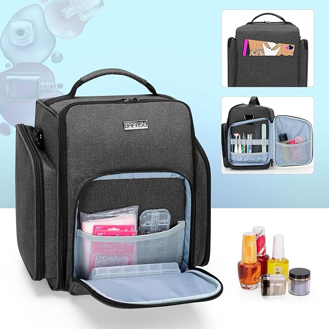 BAFASO Nail Polish Organizer Holds 72 Bottles (15ml - 0.5 fl.oz), Black | Large Nail Polish Case with 3 Removable Pouches and Multiple Storage Sections, Patented Design. - Image 3