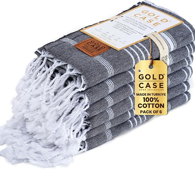 Gold CASE Turkish Hand Towels for Bathroom Set of 6 – 20 x 40'' – 100% Cotton Bathroom Hand Towels – LYCIA Towel for Spa, Face, Tea & Dishcloth – Decorative Cloth – Black by GoldCaseHomeCollection