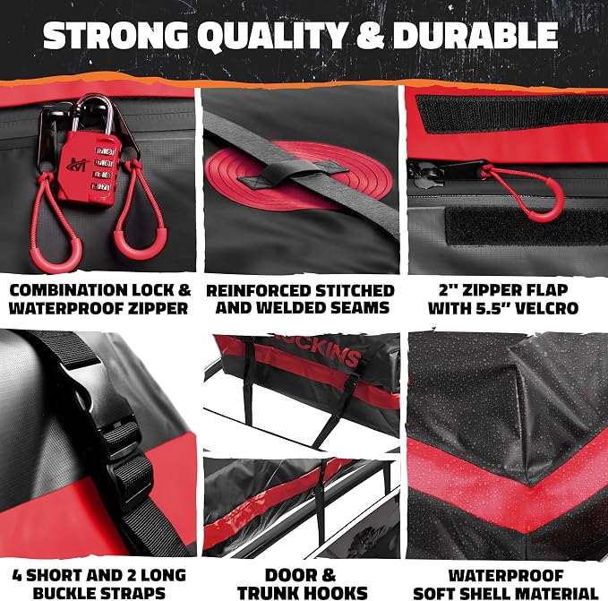 Mockins 45 Cu Ft XL Waterproof Rooftop Cargo Bag 75"x48"x22" | Car Roof Cargo Carrier Bag for Use with or without Roof Rack | Vehicle Soft-shell Carriers w/ Mat, Lock, Hooks, Straps & Case - Image 7