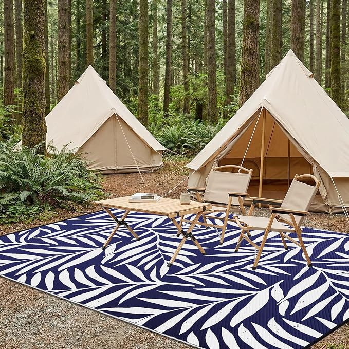Smiry Outdoor Rug 6x9 ft, Waterproof Reversible Plastic Straw Rugs, Outdoor Area Rug with Leaf Pattern, Outside Floor Mat for Patio, Backyard, Deck, Picnic, Beach, Camping, Navy & White - Image 7