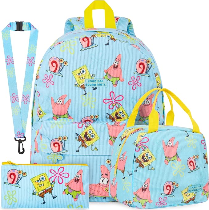 Get Trend SpongeBob SquarePants Girls Corduroy Backpack 4 Piece Set | 17 inch Bookbag with Laptop Pocket, Insulated Lunch Bag, Pencil Case & Lanyard, Back to School Gifts for Girls by GetTrend