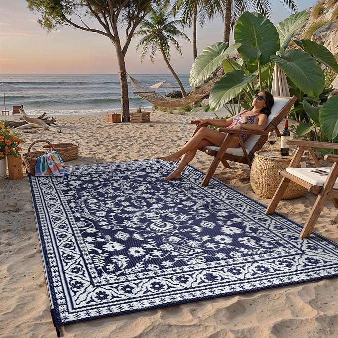 PureCozy Outdoor Waterproof 6x9 Plastic Straw Patio Rug Navy Blue Reversible for Outside Vintage Oriental Carpet Lightweight Large Rug for RV Deck Beach Balcony Picnic Backyard Entry Porch - Image 3