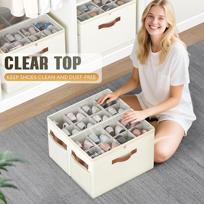2 Pack Shoe Organizer for Closet, Foldable Shoe Storage with Adjustable | Farbic shoe storage organizer box bin with clear cover, fits up to 16 pairs, shoe storage box for closet, entryway, beige - Image 4