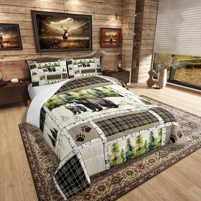 Erosebridal Bear Comforter Set Rustic Hunting Animal Bedding Set Full Farmhouse Jungle Quilt Set Plaid Lattice Patchwork Artwork Duvet Insert with 2 Pillowcases Cabin Gift Microfiber Cozy - Image 2