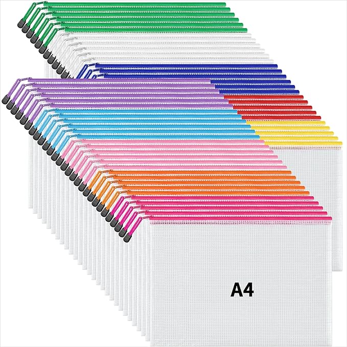 JARLINK A4 Letter Size 56 Pack 10 Colors Zipper Mesh Document Pouch, Mesh Bags for Board Games & Puzzles, Waterproof Document Zipper Pouches for Office School Supplies, Toys, Cosmetics Travel Storage by JARLINK