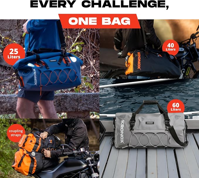 KRONOX Motorcycle Duffel Bag Waterproof, 25L Grey – Durable Motorcycle Luggage & Saddle Bags. Back Seat Dry Bag for Travel, Commute & Dirt Bike Gear - Image 2