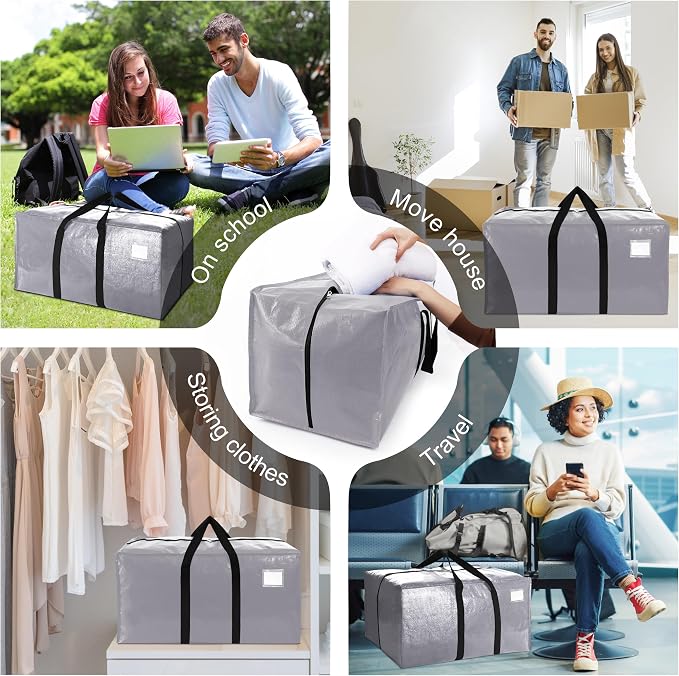 VELVETSURE Heavy Duty Extra Large Moving Bags W/Backpack Straps - Strong Handles & Zippers, Storage Totes For Space Saving, Fold Flat, Alternative to Moving Box and Storage Bin (Set of 6, Silver) - Image 6