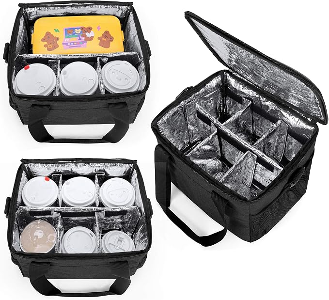 Trunab Reusable 6 Cups Drink Carrier for Delivery Insulated Caddy,Black | Adjustable Dividers,Handle & Shoulder Strap, Beverages Tote Bag for Takeout or Travel - Image 2