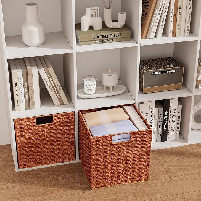 Vagusicc Wicker Storage Basket, Set of 2 Hand-Woven Paper Rope Wicker Basket, Foldable Cube Storage Bins, Square Large Storage Baskets for Organizing Shelves & Decor, Orange (13″×13″×13″) - Image 6