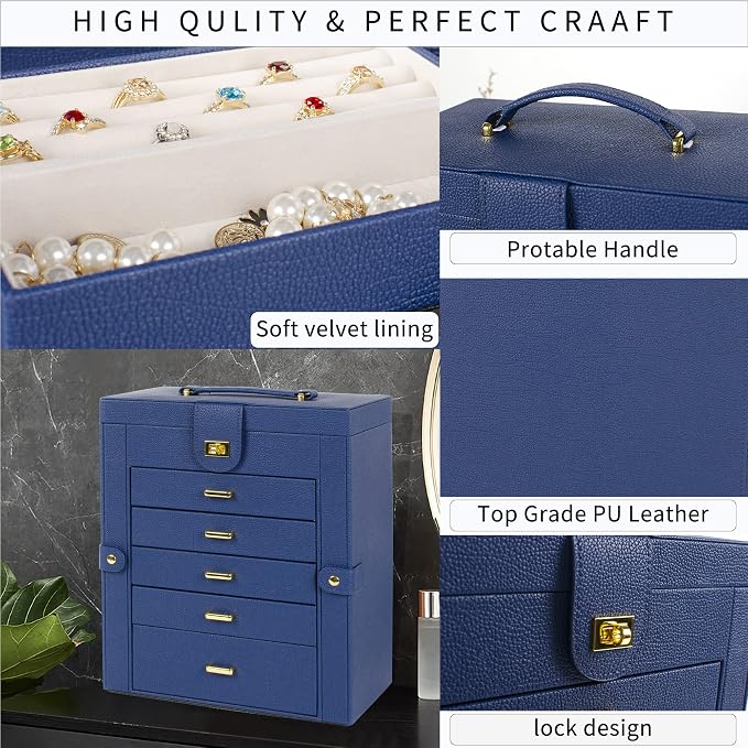 AKOZLIN 6-Tier Jewelry Box Organizer Functional 5 Drawers Leather Jewelry Storage Case for Women Girls Ring Necklace Earring Bracelet Holder Organizer with Mirror Blue Large - Image 4