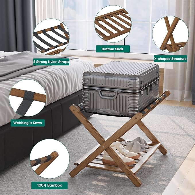 Smuxee Fully Assembled Black Walnut Luggage Rack, Upgraded Bamboo Foldable Suitcase Stand with 5 Nylon Straps, Luggage Holder with Shelf for Guest Room Bedroom Hotel - Image 3