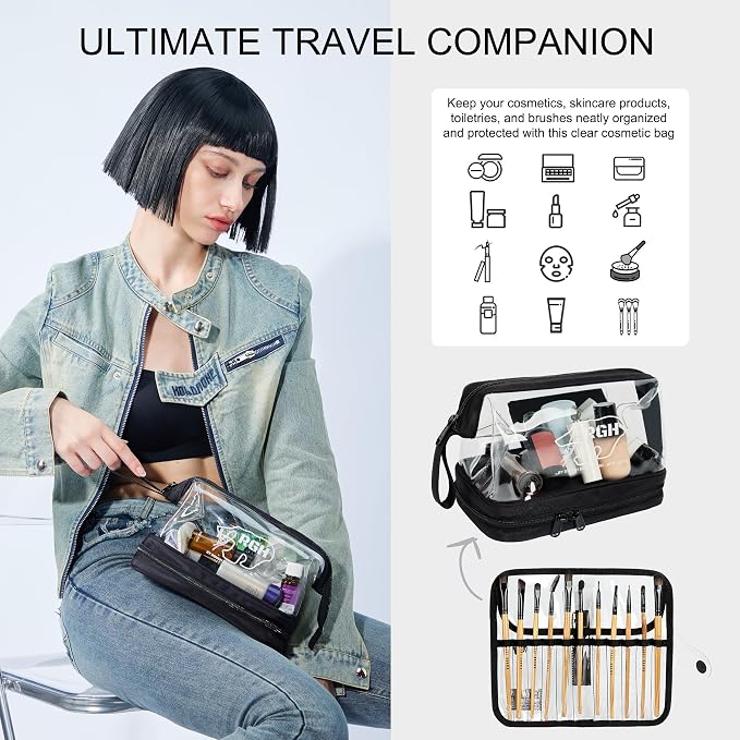 Rough Enough Clear Cosmetic Bag for Women and Men, Leakproof Travel Makeup Organizer, with Detachable Brush Pouch, Large Opening, 6.5”x5”x8.5” - Image 7