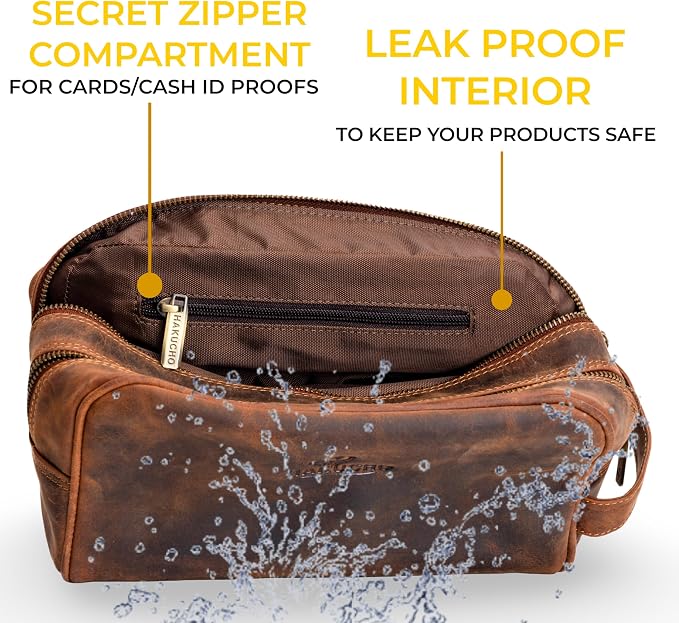 Leather Toiletry bag for men - Travel Pouch for Men & Women, Leather Dopp Kit, Cosmetic Makeup Kit with Waterproof Lining, Spacious Zippered Organizer (Tan Brown) - Image 5