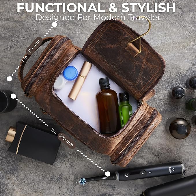 NomadCraftsCo. Medium Sized Hanging Leather Toiletry Bag for Men Women - Premium Men's Travel Bag, Dopp Kit, Leather Pouch, Mens Toiletry Bag for Travel - Image 7