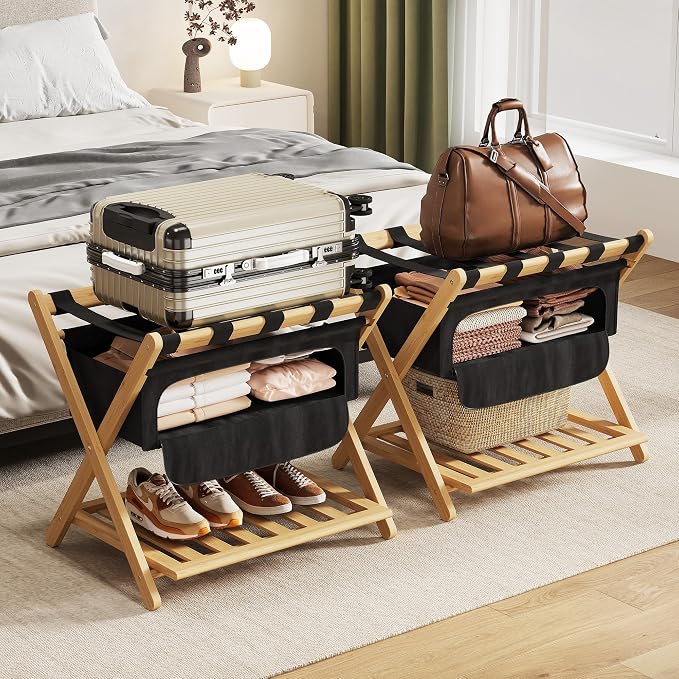 Full Assembled 26.77"L Luggage Rack for Guest Room, Set of 2 Foldable Suitcase Stand with 5 Nylon Straps & Cloth Bag, Luggage Stand Holder with Shoe Shelf for Suitcases Hotel (Natural Wood Bamboo) by OakvoraComfortableStyle