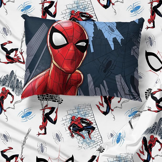 Jay Franco Kids Sheet Set with Fitted, Flat Sheets & Pillow Cover - Ultra-Soft Bedding with Pillowcase for Room Decor, White - Spiderman, 4 Piece Queen - Image 5