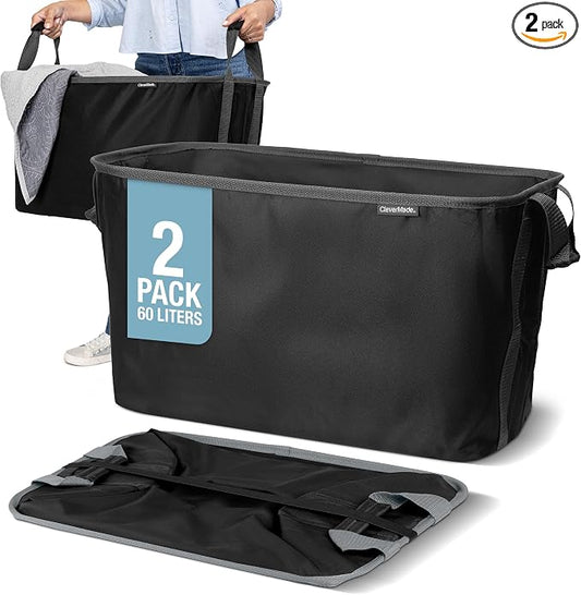 CleverMade Collapsible Laundry Basket 2 Pack – 60L (16 Gal) Foldable Clothes Hamper with Reinforced Handles, Space Saving Fabric Laundry Bin, Holds 55 lbs, Flat Folding for Home & Travel - Black by CleverMade