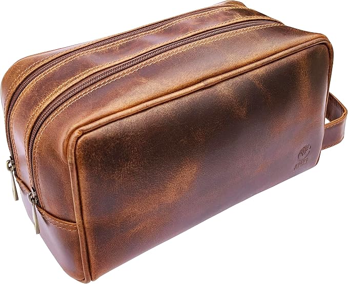 RUSTIC TOWN Leather Toiletry Bag for Men - Travel Shaving Ditty Kit - Bathroom Shower Toiletries Organizer - Leather Cosmetic Bag for Women (Antique Brown) by RusticTown