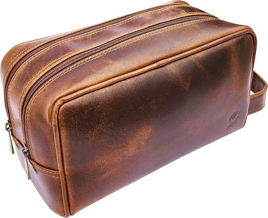 RUSTIC TOWN Leather Toiletry Bag for Men - Travel Shaving Ditty Kit - Bathroom Shower Toiletries Organizer - Leather Cosmetic Bag for Women (Antique Brown) by RusticTown