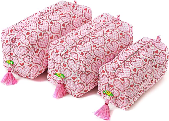 Saffron Marigold Quilted Makeup Bag Set of 3, Hand Block Printed Cotton Cosmetic Bags for Women, Waterproof Lined Travel Toiletry Bag, Coquette Aesthetic, Handmade Gift, Love Blooms by SaffronMarigold