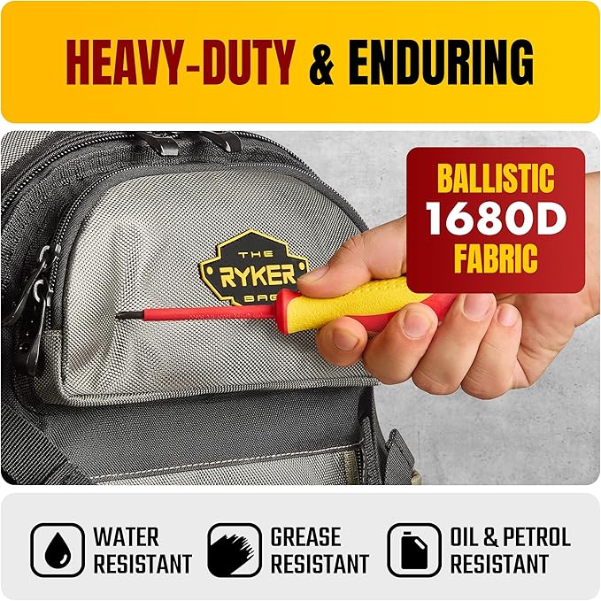 Ryker Tool Backpack Heavy Duty Organizer. Contractor & Electrician Tool Bag | 43-Pocket Back Pack w/ Hard Bottom. Tool Box for Men HVAC Technician Plumber & Electrician Tools. Jobsite Gear Organization - Image 3