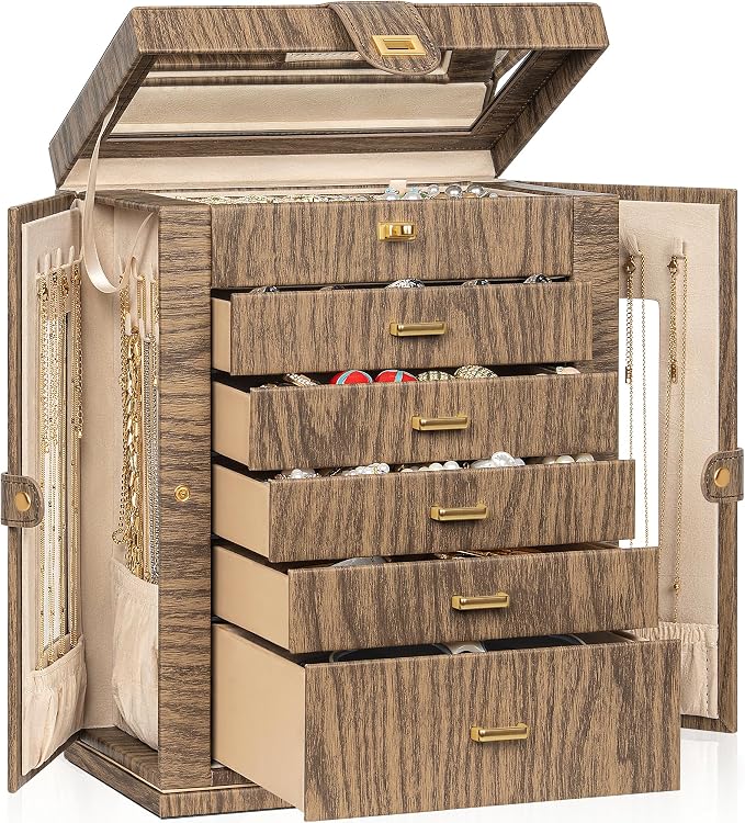 AKOZLIN 6-Tier Jewelry Box Organizer Functional 5 Drawers Leather Jewelry Storage Case for Women Girls Ring Necklace Earring Bracelet Holder Organizer with Mirror XL Wood Grain 360° Rotating by AKOZLIN