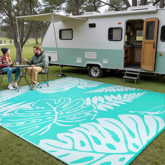 PureCozy Outdoor Plastic Straw Rug Leaf Waterproof Teal Blue Outside Patio 6x9 Carpet Tropical Reversible Mat Washable Large for Camping RV Porch Deck Balcony Beach - Image 3