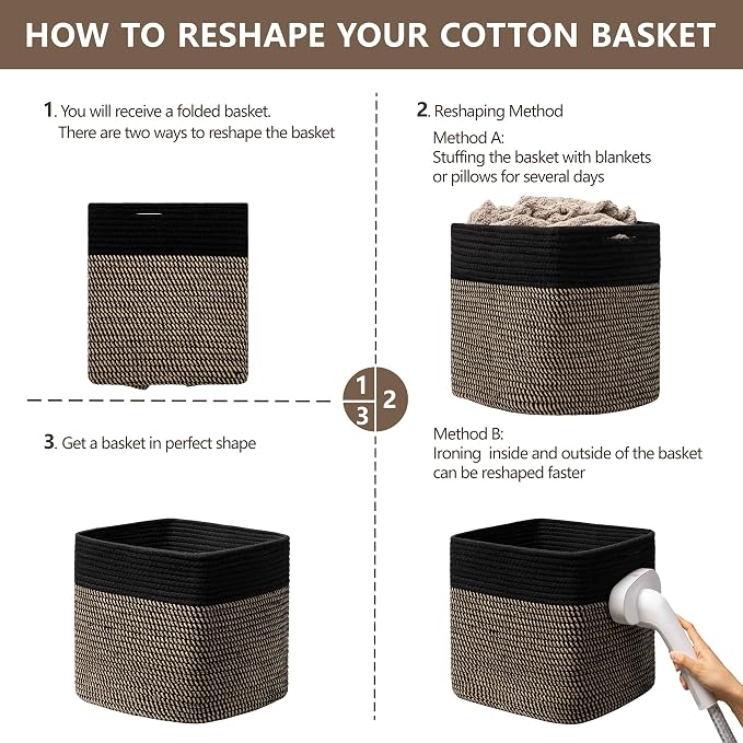 joybest 13x13x13 Inch Cube Storage Bins Set of 4, Cotton Rope Woven Organizer Basket for Shelves, Cube Bin Square Shelves Organizer Closet Storage, Nursery, Toy Organization, Black&Dark Brown - Image 7
