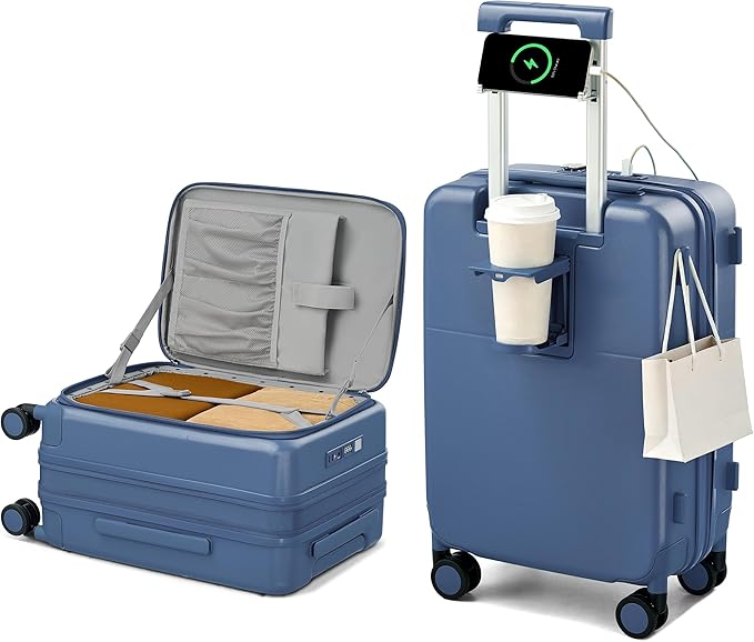 Hanke 20 Inch Expandable Carry On Luggage with Cup Holder 22x14x9 Airline Approved, Top Opening Hard Shell Suitcases with Wheels, Carry-On Travel Suitcase Trunk Luggage with Lock, Interstellar Blue by Hanke