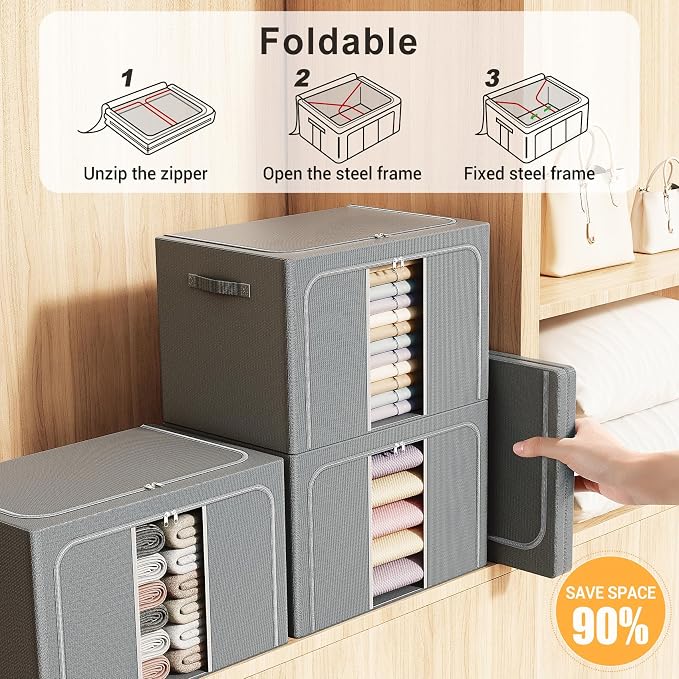 Clothes Storage Bins with Metal Frame, Foldable Clothes Organizers Storage Containers for Clothes, Sheets, Blankets, Pillows and Towels （66L, 3 Pack, Deep Grey - Image 4