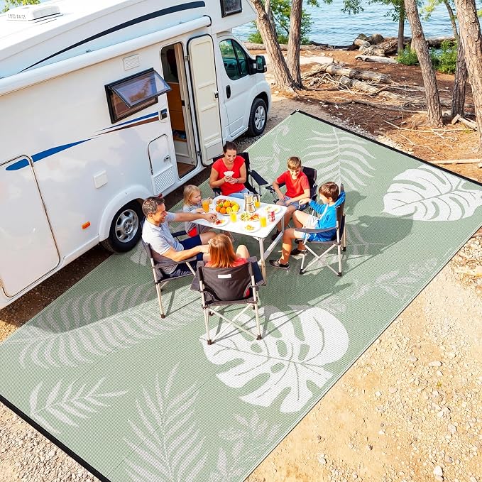 GOTGELIF Massive Outdoor Patio Rug - 9x12FT, Reversible & Water-Resistant & Wear-Resistant & Plastic Straw Outdoor Area Rug for Patio & Camping & RV - Green Leaf - Image 9