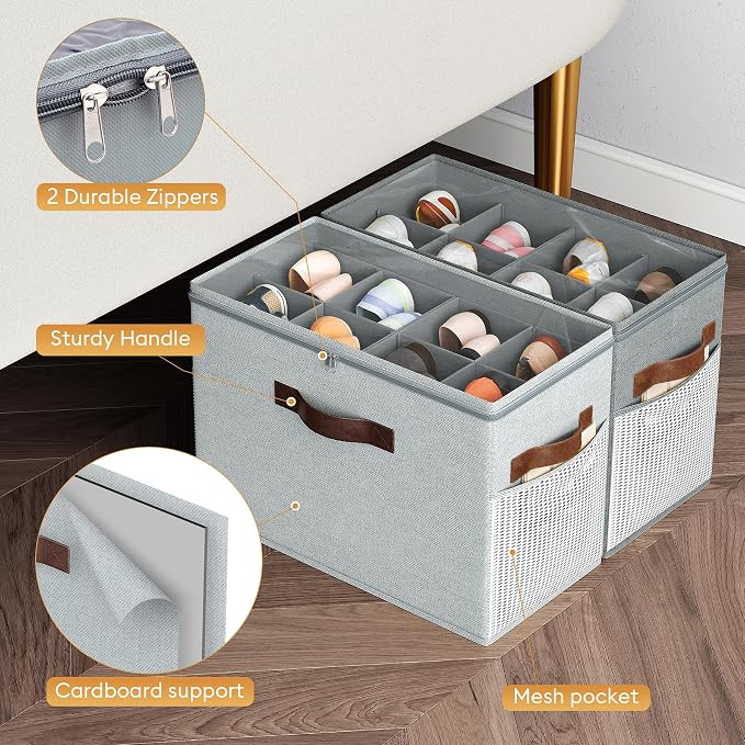 2 Pack Shoe Organizer for Closet, Foldable Shoe Storage with Adjustable | Farbic shoe storage organizer box bin with clear cover, fits up to 16 pairs, shoe storage box for closet, entryway, gray - Image 5