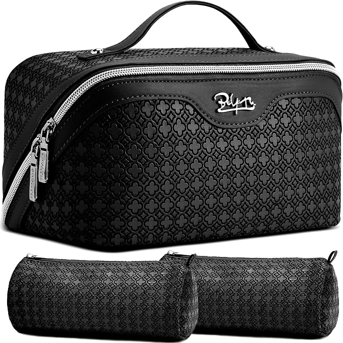 BOYATU Travel Makeup Bag for Women: Four Leaf Clover Large Capacity 3 Pcs Set Cosmetic Bags - Waterproof 50% Extra Space for Toiletry Organizer - Travel Essentials for Fortunate (06 Black) by BOYATU