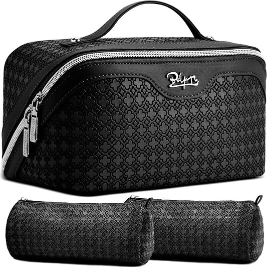 BOYATU Travel Makeup Bag for Women: Four Leaf Clover Large Capacity 3 Pcs Set Cosmetic Bags - Waterproof 50% Extra Space for Toiletry Organizer - Travel Essentials for Fortunate (06 Black) by BOYATU