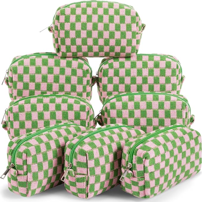 Gilprop 8 Pcs Checkered Makeup Bag for Purse Small Cosmetic Pouch Bulk Portable Zipper Makeup Pouch Travel Toiletry Organizer Gifts for Women Bridesmaid Wedding Party Favors (Pink Green) by Gilprop