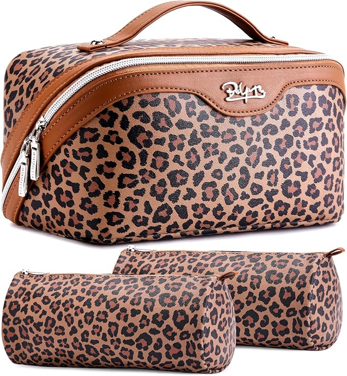 BOYATU Travel Makeup Bag for Women: 3 Pcs Set Portable Make up Bags with Handle - Leopard Print Cosmetic Bags with Comparments - Waterproof Vegan Leather Toiletry Bag (A-1-Brown) by BOYATU