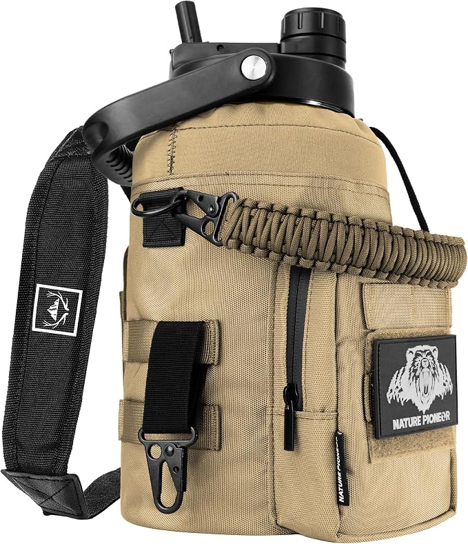 NATURE PIONEOR 128oz/1 Gallon Tactical Water Bottle with MOLLE Bottle Pouch | 18/8 Food-grade Stainless Steel, Double Vacuum Insulation, Wide-Mouth, Straw & Spout Lid, Strap, Camping, Hiking, Gym, Work by NATUREPIONEOR