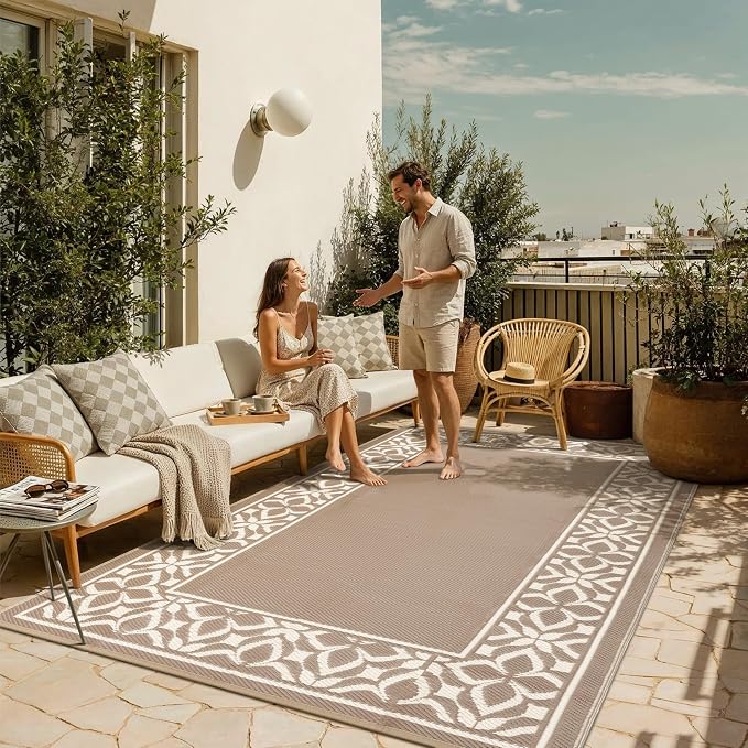 PureCozy Outdoor Plastic Straw Rug Beige Brown Large Outside Waterproof Outdoor Patio 9x12 Carpet Geometric Reversible Mat Modern for Camping RV Porch Deck Balcony Beach - Image 4