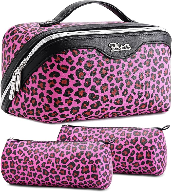BOYATU Travel Makeup Bags Cosmetic Organizer Bag: 3 Pcs Set Large Capacity Make up Bag with Compartments - Waterproof Leather Toiletry Bags with Handle for Women (B-Red) by BOYATU