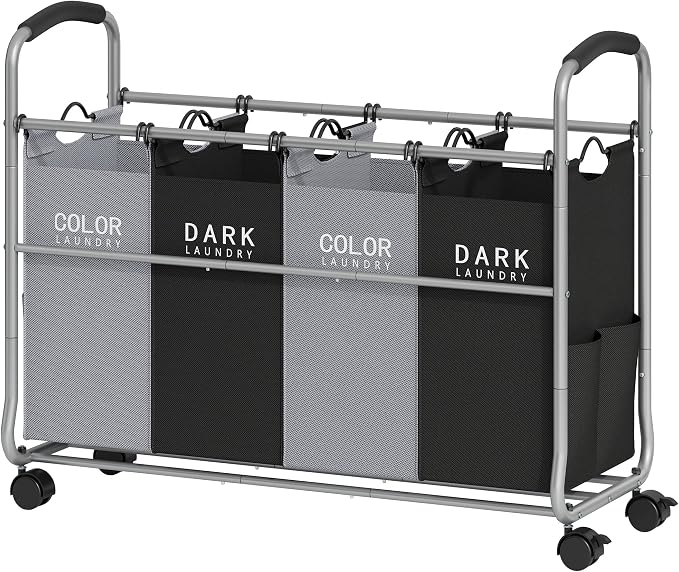 Tajsoon Laundry Sorter 4 Sections, Laundry Separator Hamper with Heavy Duty Lockable Rolling Wheels, Laundry Divider with Removable Bags for Dirty Clothes Storage, Black & Grey by Tajsoon