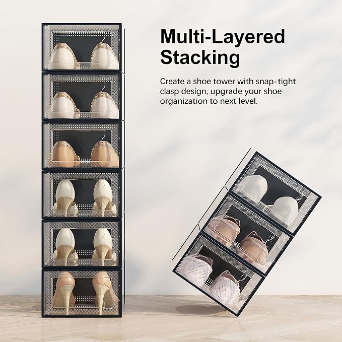 SEE SRPING XX-Large Shoe Storage Box Fit Size 14, Clear Plastic Stackable Shoe Organizer for Closet, Shoe Rack Sneaker Containers Bins Holders, Drawer Organize Unit, 12 Pack Black - Image 2