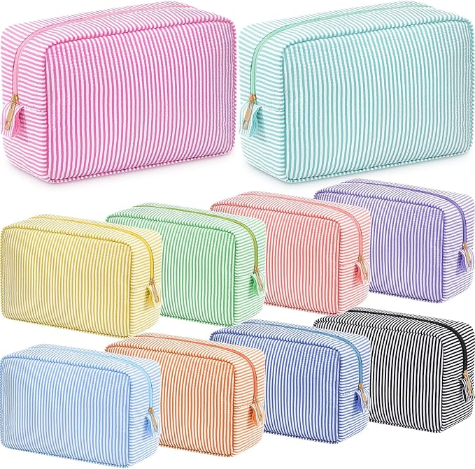 Sanwuta 10 Pcs Seersucker Cosmetic Bag Seersucker Makeup Bag Women Stripe Large Travel Toiletry Organizer Preppy Storage Pouch for Embroidery Wedding Bridesmaid Bride Mom (Multicolor) by Sanwuta