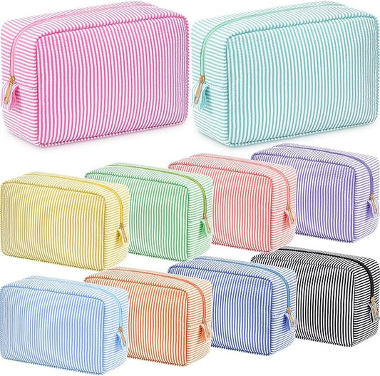 Sanwuta 10 Pcs Seersucker Cosmetic Bag Seersucker Makeup Bag Women Stripe Large Travel Toiletry Organizer Preppy Storage Pouch for Embroidery Wedding Bridesmaid Bride Mom (Multicolor) by Sanwuta