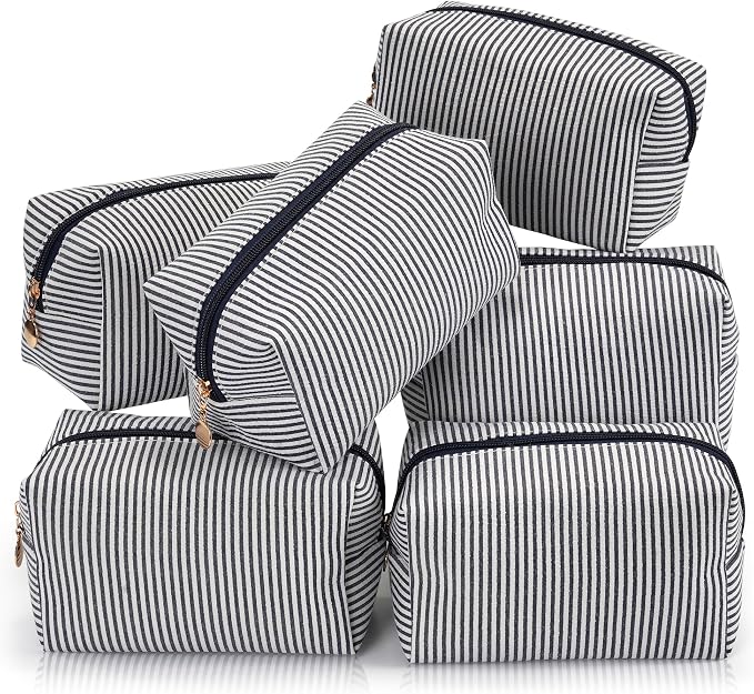Makeup Bag Set for Women, 6PCS Travel Cosmetic Bags Pencil Case, Striped Seersucker Toiletry Organizer Pouches, Cute Makeup Pouch for Purse, Accessories and Gifts, Navy by Unknown